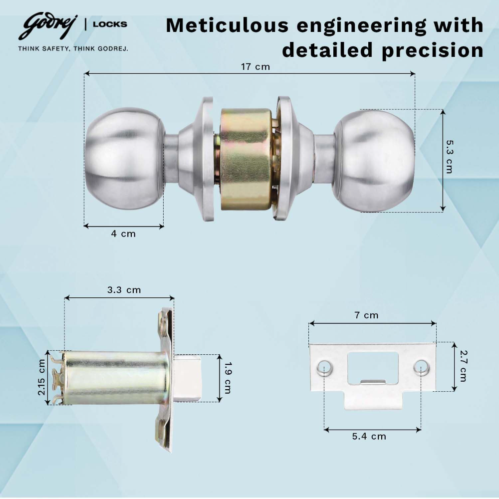 Godrej Locking Solutions and Systems Classic Keyless Cylindrical Lock Stainless Steel Finish 5805 (Bathroom Lock Without Key)